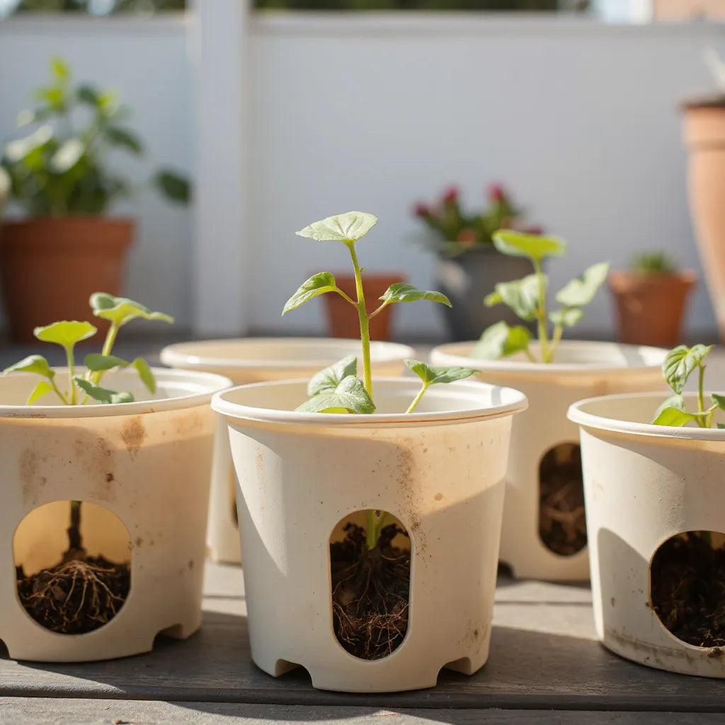 Air pruning containers with small seedlings, showing breathable sides and drainage openings