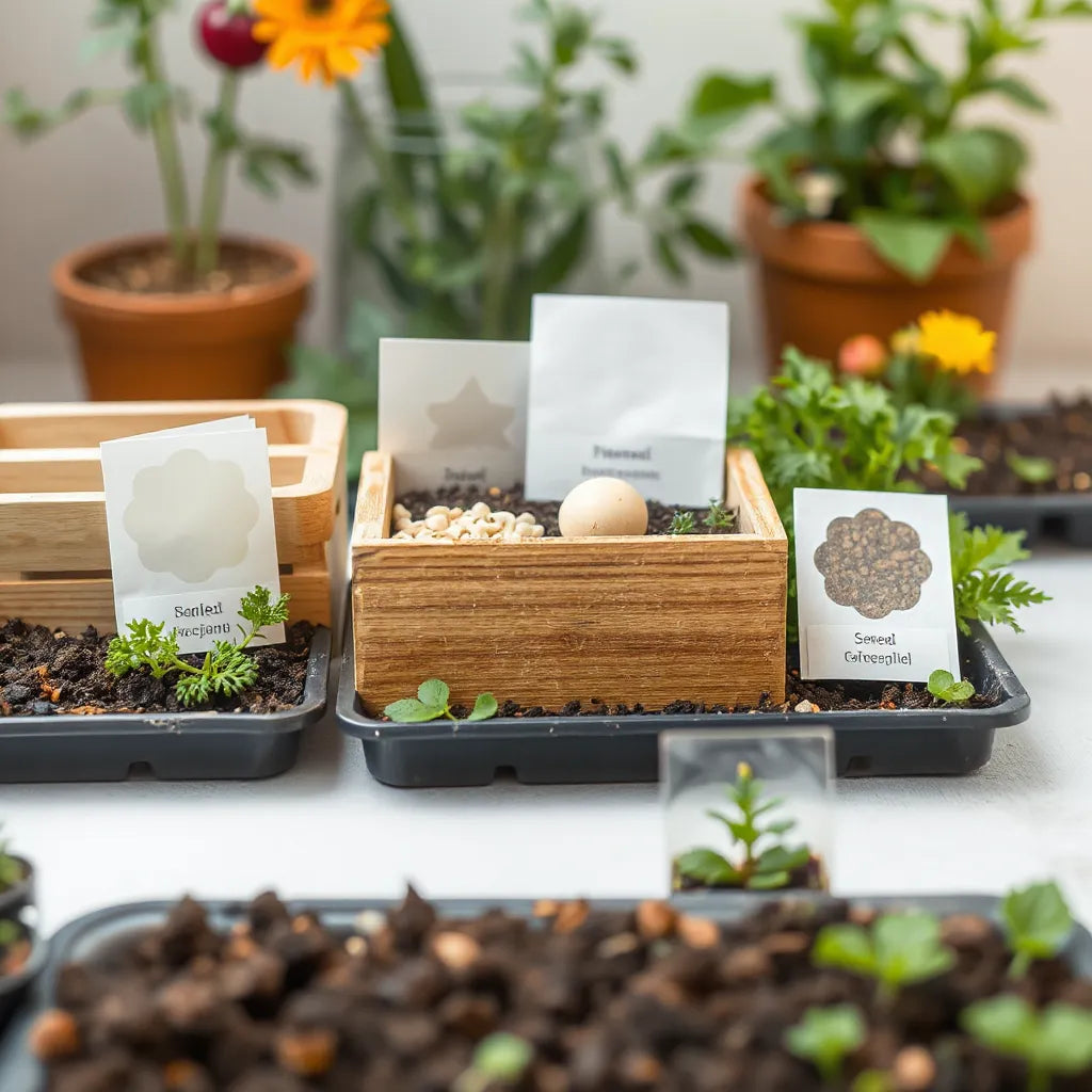 Assorted heirloom vegetable seeds in open packets beside a soil tray on natural wood