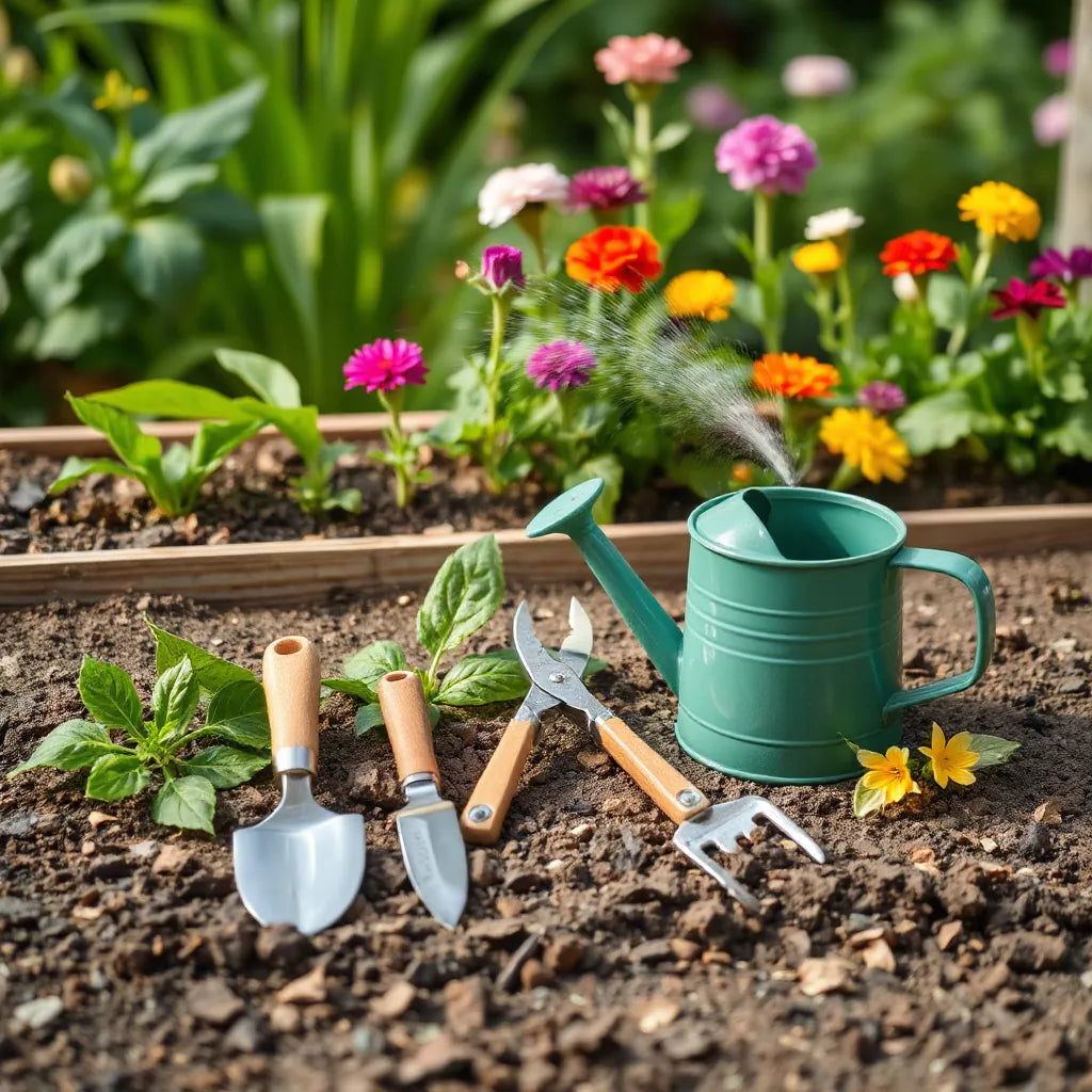 Assorted hand garden tools laid near a flower bed with a watering can and fresh blooms in soft focus