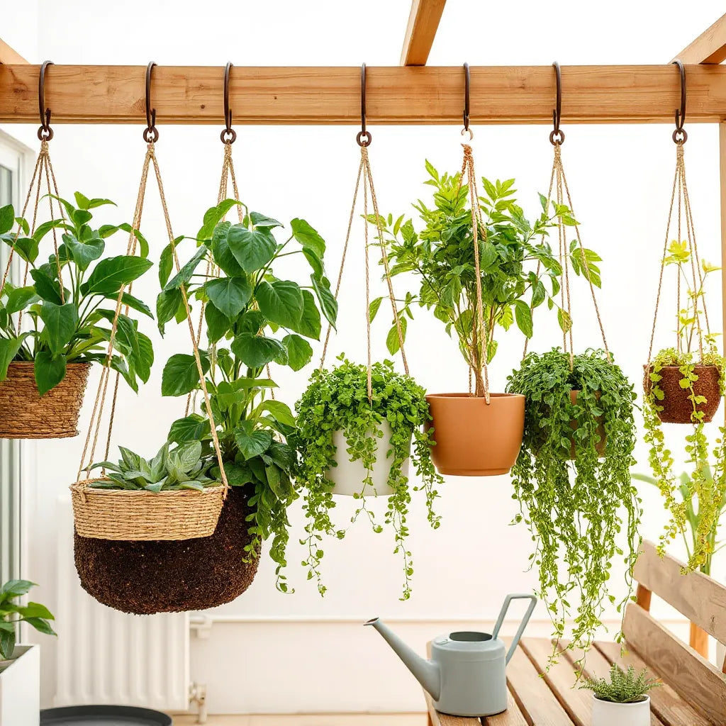 Hanging planters with healthy trailing plants suspended on a patio beam