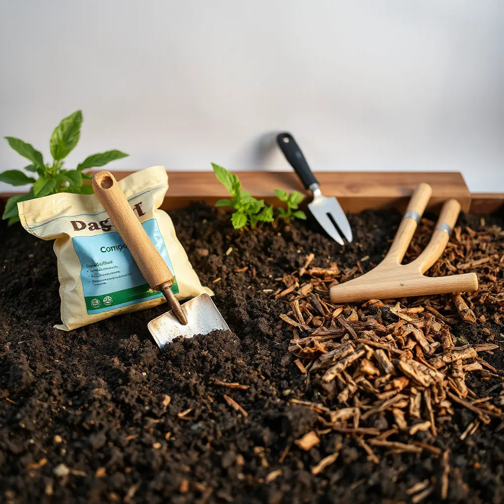 Organic compost and mulch beside a garden bed with seedlings and a hand trowel in warm sunlight