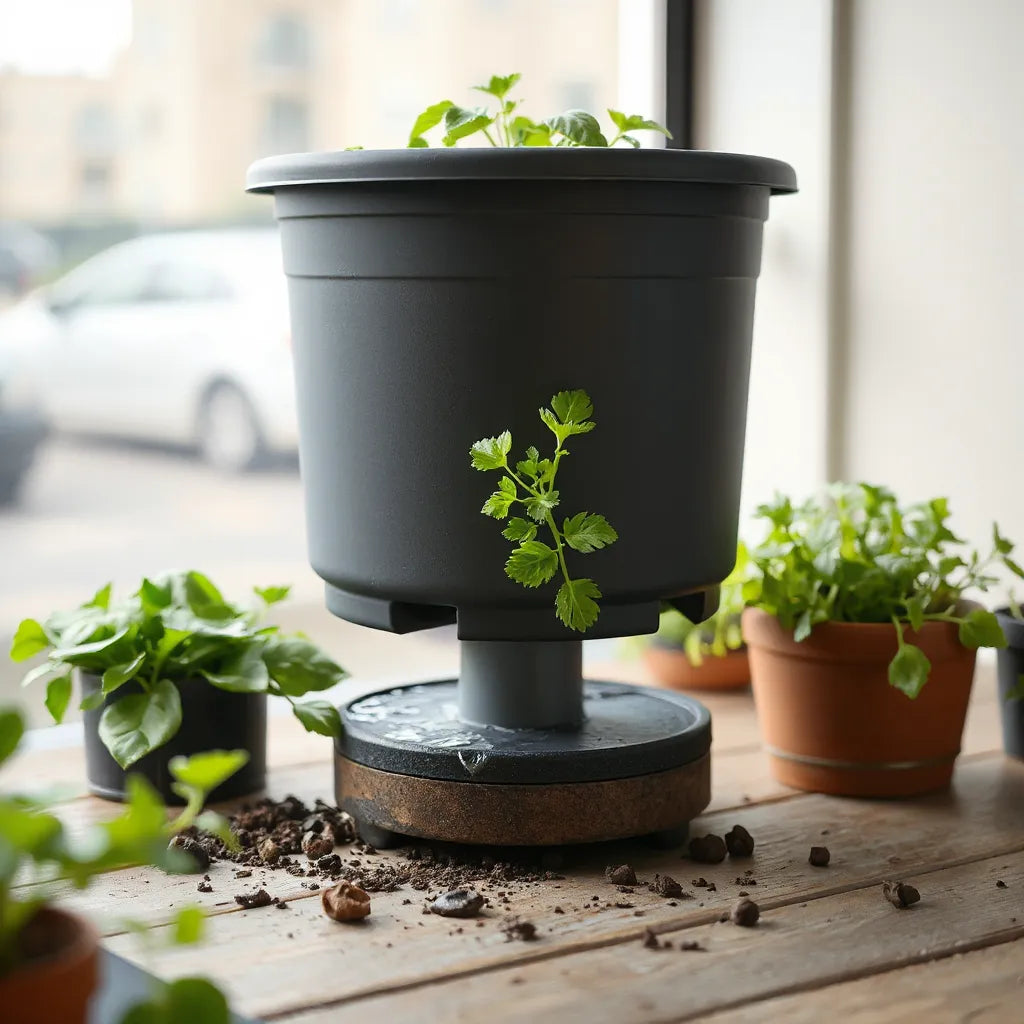 Modern self-watering planter with soil and healthy herbs on a patio, showing the reservoir base