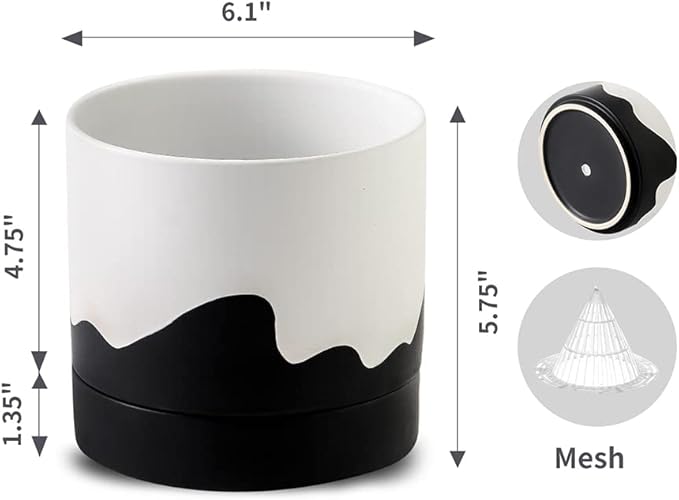 Nihow Ceramic Plant Pot: 6 Inch Planter with Drainage Hole & Saucer for Indoor & Outdoor Plants - Cylinder Round Flower Pot for Succulent/Herbs/Violets - White & Wave Black