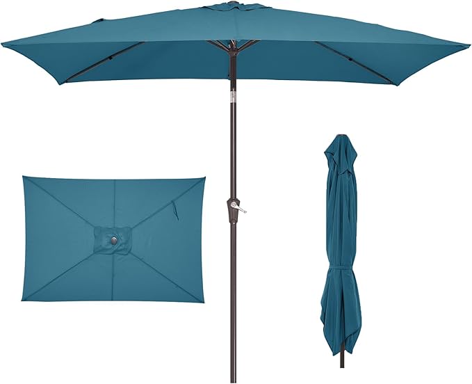 JEAREY 6.5x10 ft Rectangular Patio Umbrellas Rectangle Outdoor Umbrella with Push Button Tilt and Crank, Market Table Umbrella 6 Sturdy Ribs UV Protection for Poolside Garden Backyard Deck, Lake Blue