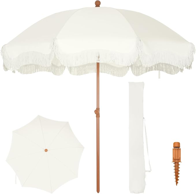 PHI VILLA 7ft Beach Umbrella with Fringe & Sand Anchor, Outdoor Patio Heavy Duty Windproof Portable Tassel Umbrellas for Sand with Push Button Tilt & Carrying Bag, UPF 50+, White(No Base)