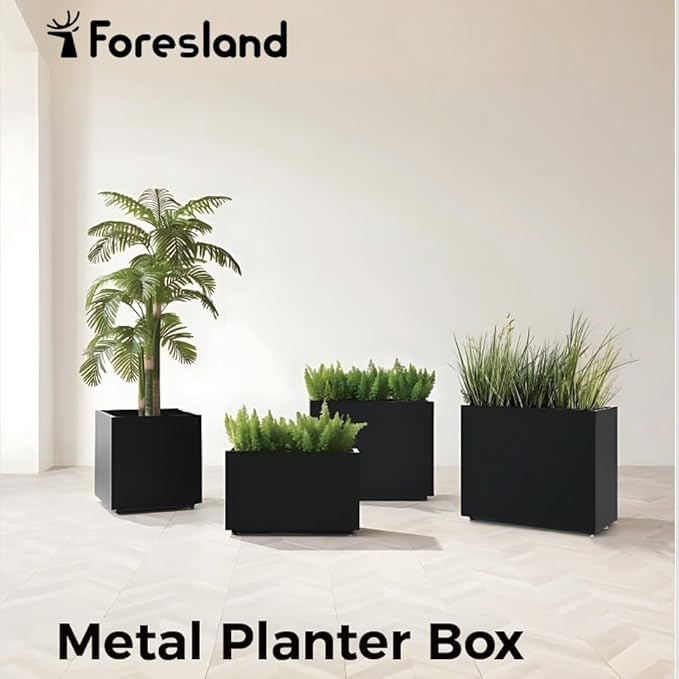 Tall & Long Metal Planter with Middle Shelf, 36W x 11D x 30H Large Rectangular Outdoor Planter Box, Span Divider for Garden, Patio, Yard | Easy 5-Min Assembly, Drainage Holes, Adjustable Feet, Black