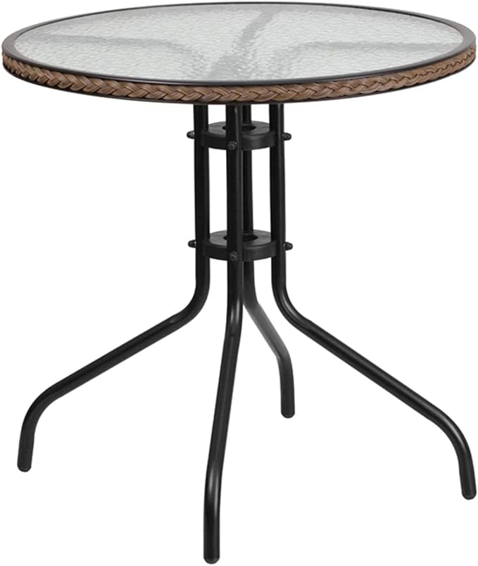 Flash Furniture Lila 28'' Round Glass Metal Table with Dark Brown Rattan Edging and 2 Dark Brown Rattan Stack Chairs