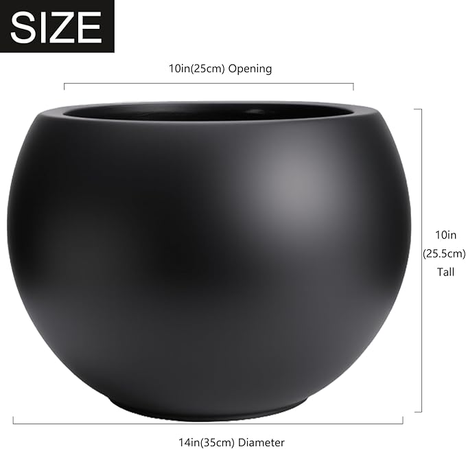 10 H x 14" Dia (10" Pot Opening) Round Fiberstone Planter with Drainage Hole, Black, Indoor/Outdoor Large Plant Pot for Home Patio Garden, Ideal for Large Plants