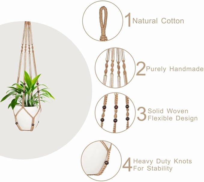 3 Pack Macrame Plant Hanger,Hanging Plant Holder, Boho Home Decor Hanging Basket with Wood Beads,Hanging Planters for Indoor Plants,Plant Hanger Indoor 35"/29"/23" Brown (POTS NOT Included)