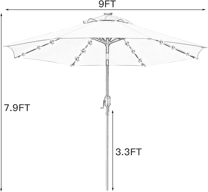 Sunnyglade 9' Solar LED Lighted Patio Umbrella with 8 Ribs/Tilt Adjustment and Crank Lift System (Grass Green)
