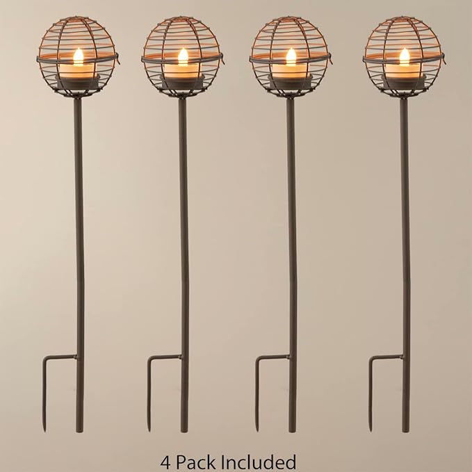 Solar Pathway Lights Outdoor, Rust Iron Ball Candle Holder Stake with Flickering Solar Powered Tea Lights, Perfect Decorative Garden Lighting for Yard Lawn Patio Landscape Decor Outside-4Pack
