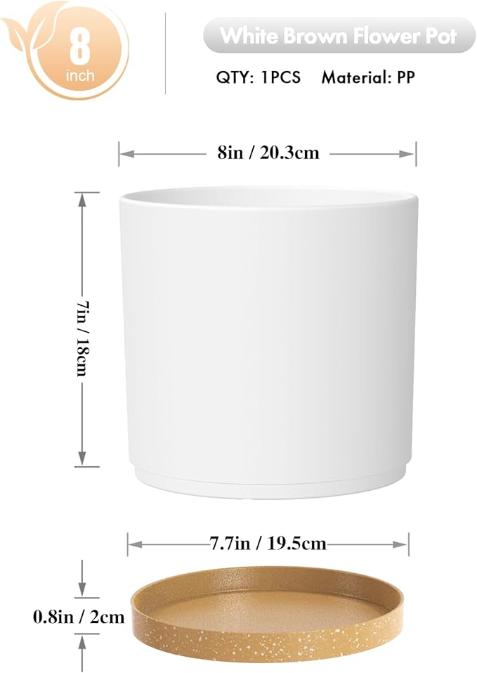 8 Inch Cylinder Flower Pots for Indoor Outdoor Plants, Medium Deep Plant Pots with Drainage Holes & Saucer, Decorative Plastic Planter Pots for Garden House Plants, White with Brown
