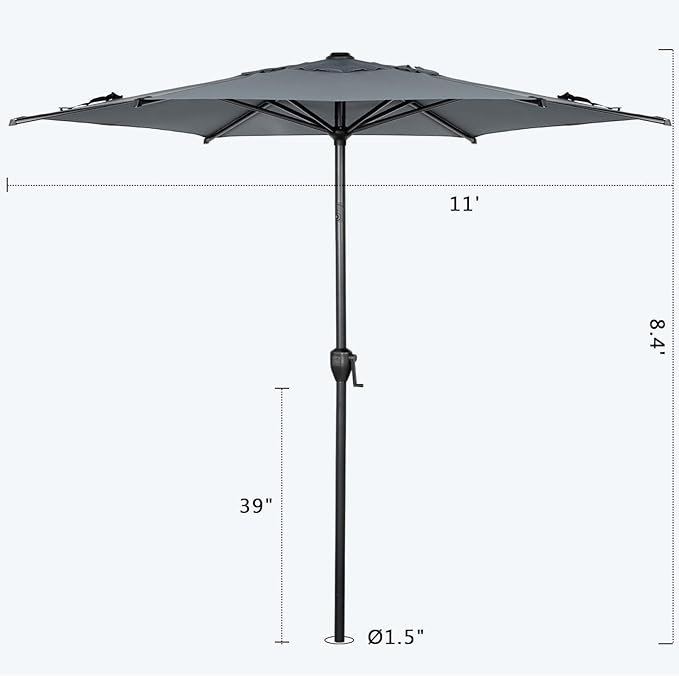 Abba Patio 11FT Lyon Outdoor Patio Umbrella Outdoor Table Umbrella with Push Button Tilt and Crank Market Umbrella 8 Sturdy Ribs UV Protection Waterproof for Garden Deck Backyard Pool Grey