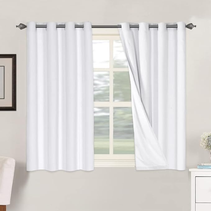 H.VERSAILTEX 100% Blackout Curtains for Bedroom Thermal Insulated Linen Textured Curtains Heat and Full Light Blocking Drapes Living Room Curtains 2 Panel Sets, 52x45 - Inch, Pure White