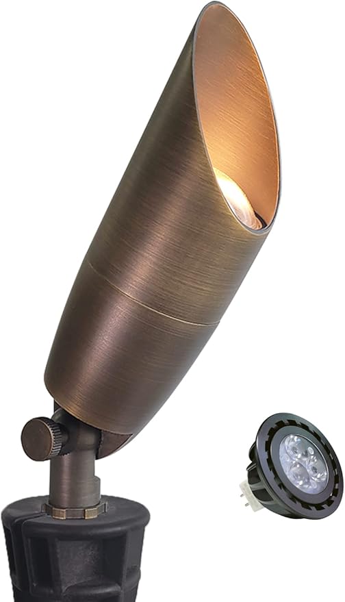 MALORY Solid Brass Landscape Spotlight 1-Pack with Bulb(S06), Low Voltage Front and Backyard Landscape Lighting with Large Rugged Slot Spike & Wire Connector,12V AC/DC Garden Patio Spot Up Light