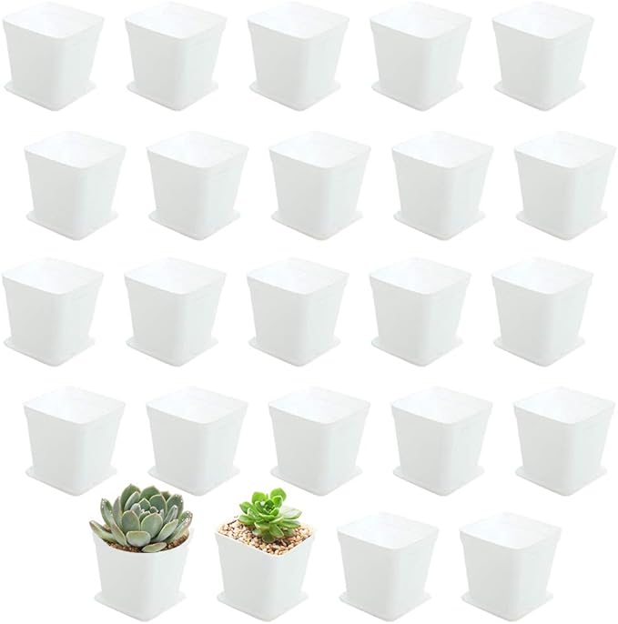 24 Pack 3 Inch White Square Plastic Plant Pots with Saucers,Nursery Seedling Pots with Drainage Hole,Small Planter Containers for Succulents,Flowers,Indoor Outdoor Garden,Home Office Balcony Decor