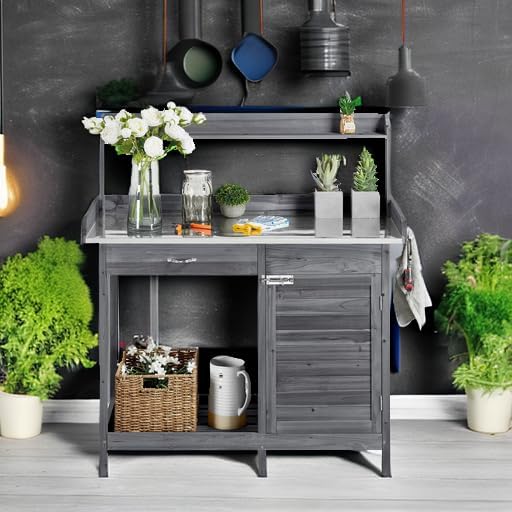 Yaheetech Outdoor Potting Bench Table, Garden Workstation w/Metal Tabletop/Cabinet Drawer/Open Top/Lower Shelf/Handy Hooks for Horticulture,Gray