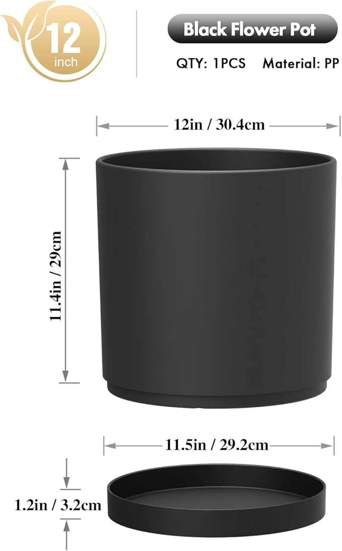 12 inch Large Deep Plant Pots for Outdoor Indoor Plants, Tall Cylinder Flower Pots with Drainage Holes and Saucer, Big Decorative Plastic Planter Pots for Garden Porch House Plants, Black