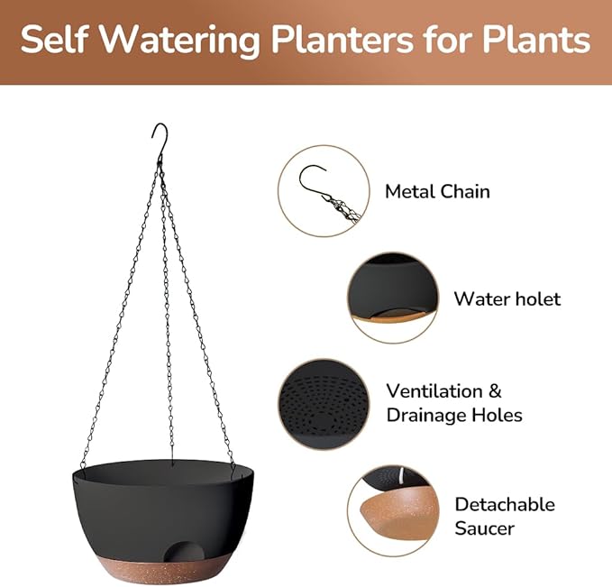 Hanging Planter for Indoor Plants, 10 Inch Self-Watering Hanging Planters with Drainage Holes and Chain, Set of 2 Outdoor Hanging Pots for Garden Home