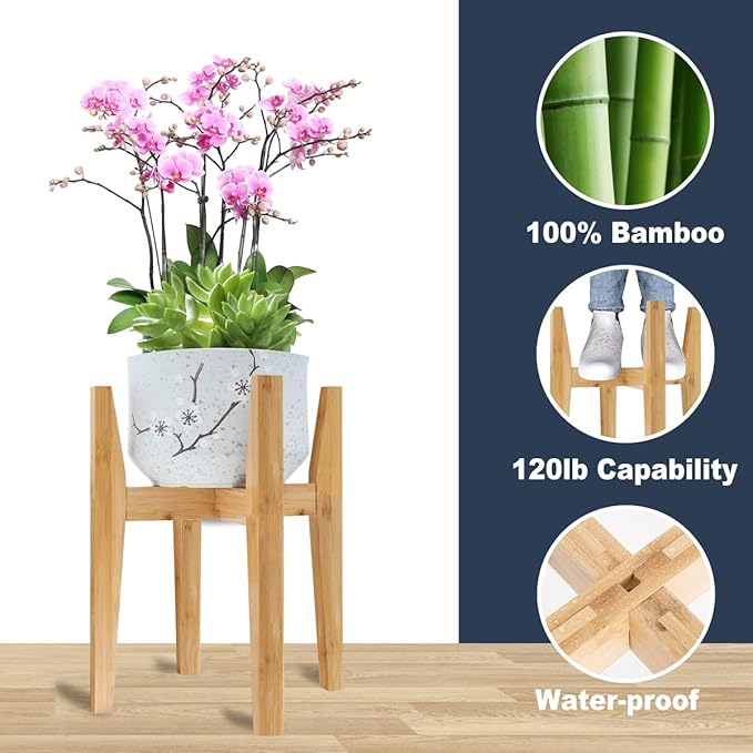 OERGKE Adjustable Plant Stand Indoor, Bamboo Mid Century Modern Plants Stands, Corner Flower Holder for Living Room, Fits 8 to 12 Inches Pots, (Pot & Plant Not Included)(Nature, 1 Pack)