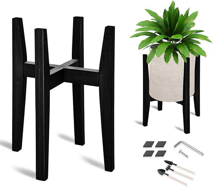 OERGKE Adjustable Plant Stand Indoor, Bamboo Mid Century Modern Plants Stands, Corner Flower Holder for Living Room, Fits 8 to 12 Inches Pots, (Pot & Plant Not Included)(Black, 1 Pack)