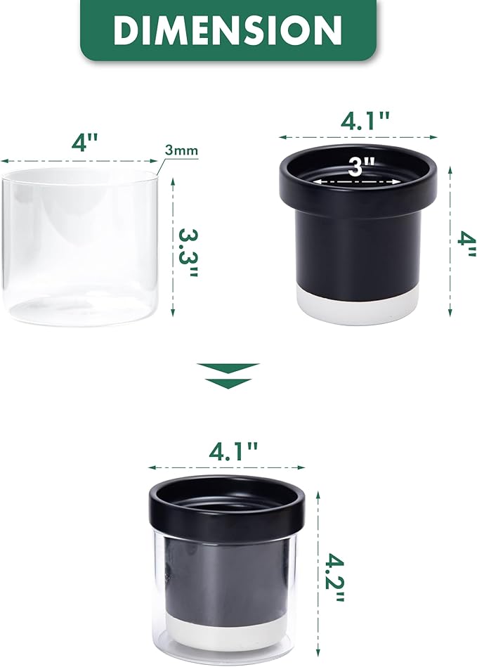 Phoenix Vine 4 Inch Self Watering Planter Pot, Black Terracotta Clay Pot with Glass Reservoir for Indoor Plants, Herbs, Flowers, Set of 3, 52-C-E-3