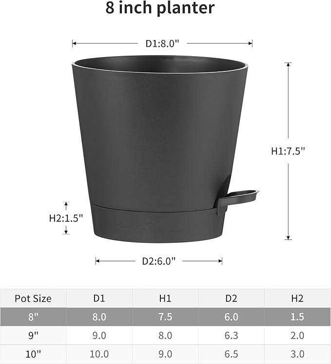 FaithLand 2-Pack 8 Inch Planter Pots for Indoor Outdoor Plants, Self Watering Flower Pots with Deep Reservoir, Black …