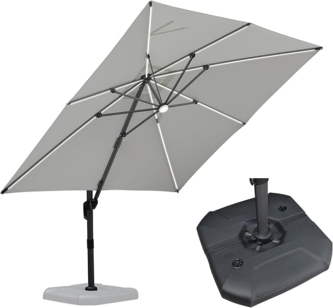 PURPLE LEAF 10 Feet Patio Umbrella with Base Outdoor Cantilever Solar Powered LED Square Umbrella Aluminum Offset Umbrella with 360-degree Rotation for Garden Deck Pool Patio White