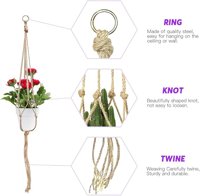 Swpeet 6 Pack 3 Sizes Macrame Hanging Planter Holder Plant Hanger with 6 Pack 2.9 Inch Ceiling Cup Hooks Kit, Hanging Planter Basket Rope Holder for Indoor Outdoor Decorations Beautiful Hanging