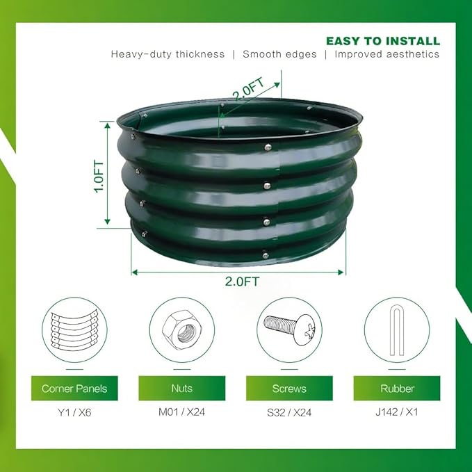 GARDMAX 2x2x1FT Galvanized Round Raised Garden Bed Kit, Metal Planter Boxes Outdoor with Easy Assembly, Large Garden Bed for Vegetables, Fruits, Flower, Herbs Dark Green