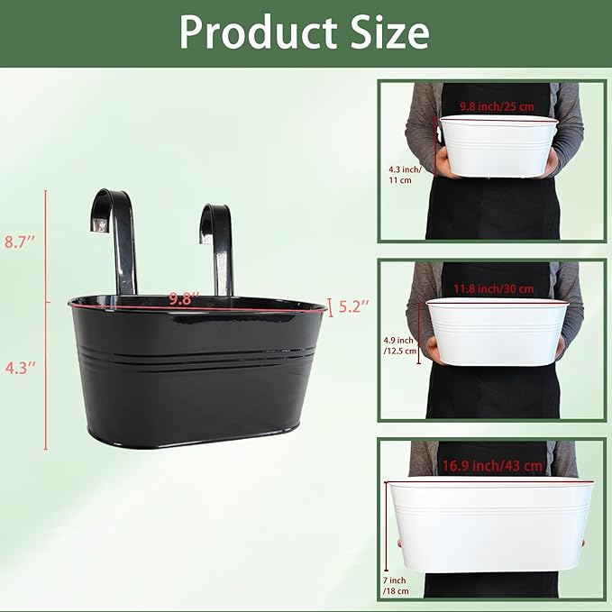 8 Pack Metal Hanging Planter for Outdoor Plants, 10 Inch Black Fence Planters Railing Pots for Garden Patio Balcony Decor, Flower Bucket with Detachable Hooks (Black, 8Pcs)