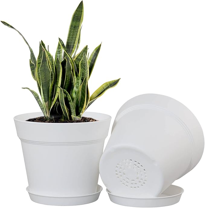 WOUSIWER 16 Pack 6 inch Plastic Planters for Indoor Flower Pots, Heavy Duty and Stylish 6 Inch Plant Pots for Indoor Plants with Drainage Holes and Tray for Plants, Flowers, White