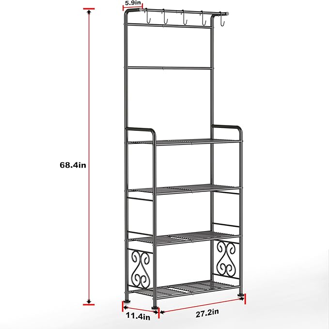 Plant Stand Indoor Outdoor Heavy Duty Metal - 68.4" Tall 4-Tier Shelf for Multiple Plants, Flowers, Rustproof Black Storage Rack for Patio, Balcony, Living Room, Garden, Includes Hooks&Adjustable Feet
