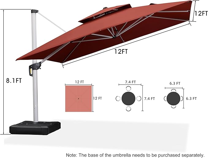 PURPLE LEAF 12 Feet Double Top Deluxe Square Patio Umbrella Offset Hanging Umbrella Cantilever Outdoor Market Garden Umbrella, Brick Red