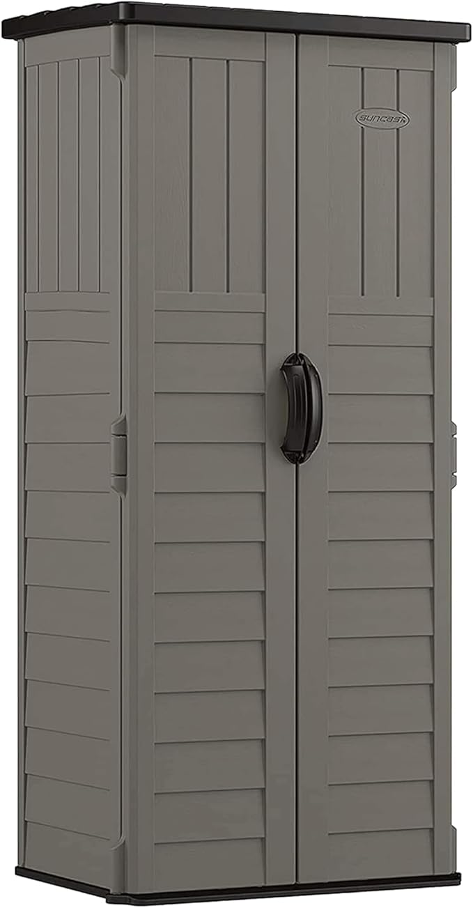 Suncast 22 Cubic Ft. Vertical Resin Outdoor Storage Shed with Lockable Double Doors, Weather-Resistant Multi-Wall Panels, Stoney