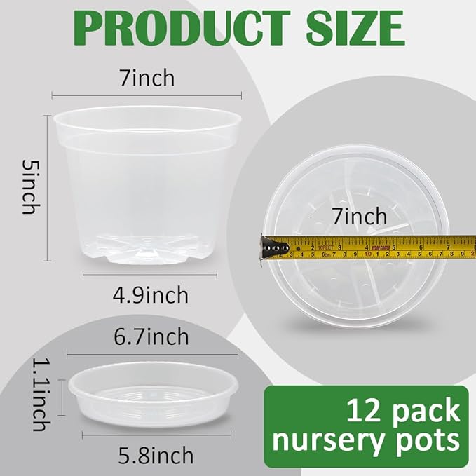 12 Pack 7 Inch Clear Nursery Pots with Saucer, Transparent Plastic Plant Pots with Drainage Holes, Sturdy Plant Starter Pots, Planter Pot for Planting Succulent Flower Herb Vegetable, Gardening Gifts