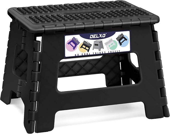 Delxo Folding Step Stool 9 Inch Non-Slip Foldable Stools for Kids & Adults Up to 300 LBS Kitchen Collapsible Fold Up Stepping Stool with Dotted 1 Pack Black