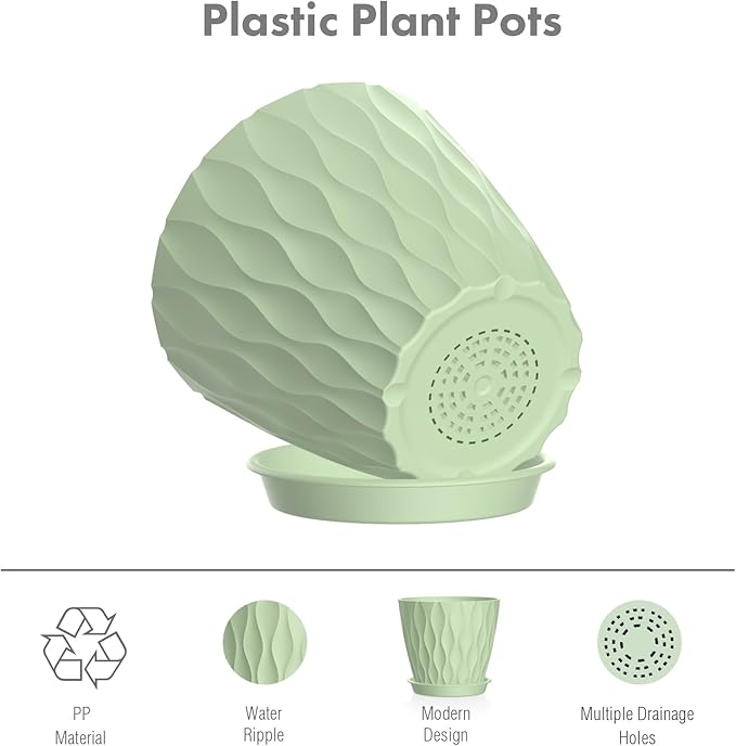 6 inch Plant Pots, 5 Set Water Ripples Flower Pots for Indoor Outdoor Plants, Plastic Planters with Drainage Holes and Saucers, Nursery Pots for Small Succulent Garden House Plants, Green