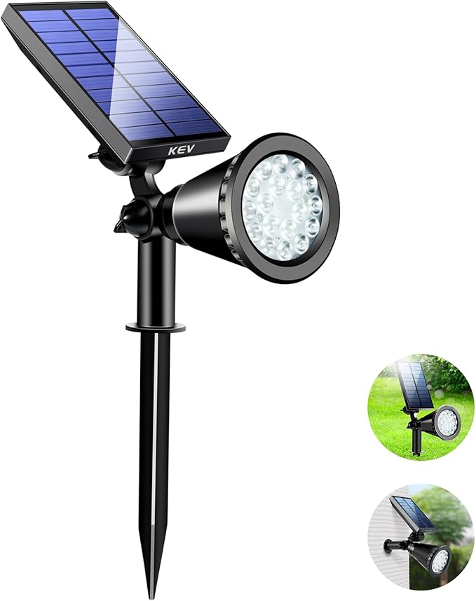 KEV Solar Spot Lights Outdoor,18 LEDs Solar Flood Lights with 2 Modes &Adjustable &IPX65 Waterproof,Solar Spotlight for Driveway/Backyard/Patio Landscape/Tree/Garage(Cool White, 1 Pack)