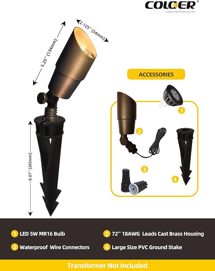 COLOER Die-cast Brass Low Voltage Spotlight 1-Pack with 5W Aluminum Housing MR16 LED Bulb 2700K 450LM CRI85+,12V AC/DC Outdoor Landscape Lighting, Directional Garden Patio Spot Up Light(101B)