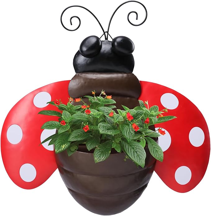 Metal Wall Planter Ladybug Wall Mounted Planters Small Flower Pot with Drainage for Indoor Outdoor Farmhouse Hanging Planter Succulent Plant Container Vertical Garden Yard Decor