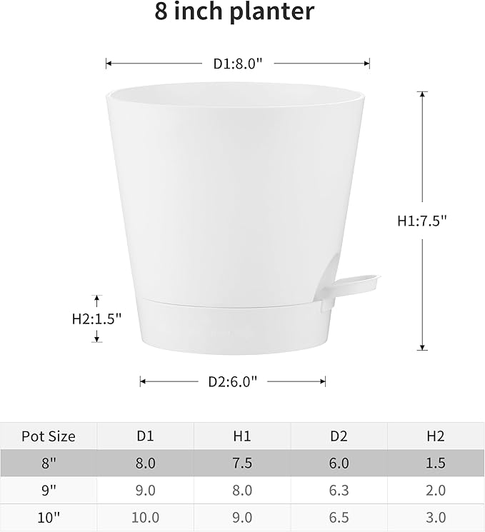 FaithLand 2-Pack 8 Inch Planter Pots for Indoor Outdoor Plants, Self Watering Flower Pots with Deep Reservoir, White …