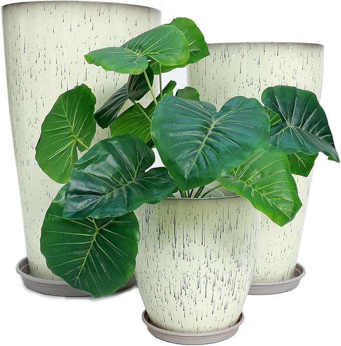 24,21,11 Inch Large Plastic Planters with Drainage Hole and Saucer - Set of 3 Tall Plant Pots Indoor Flower Pot Tall Round Planters Outdoor Large Tall Planter