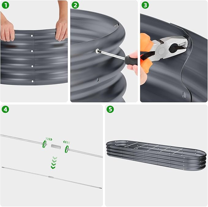 Land Guard 8×2×1ft Galvanized Raised Garden Bed Kit, 108 Gallon Capacity Raised Garden Boxes Outdoor, Oval Metal Raised Garden Beds for Vegetables, Modern Grey(with 10 Connecting rods)