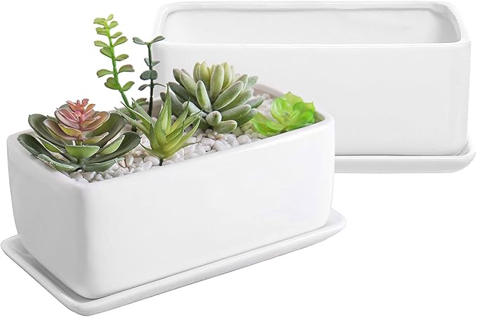 MyGift 10 Inch Modern Unglazed White Ceramic Indoor Plant Pot with Drainage Hole, Rectangular Succulent Planter Window Box with Removable Saucer, 2 Pack