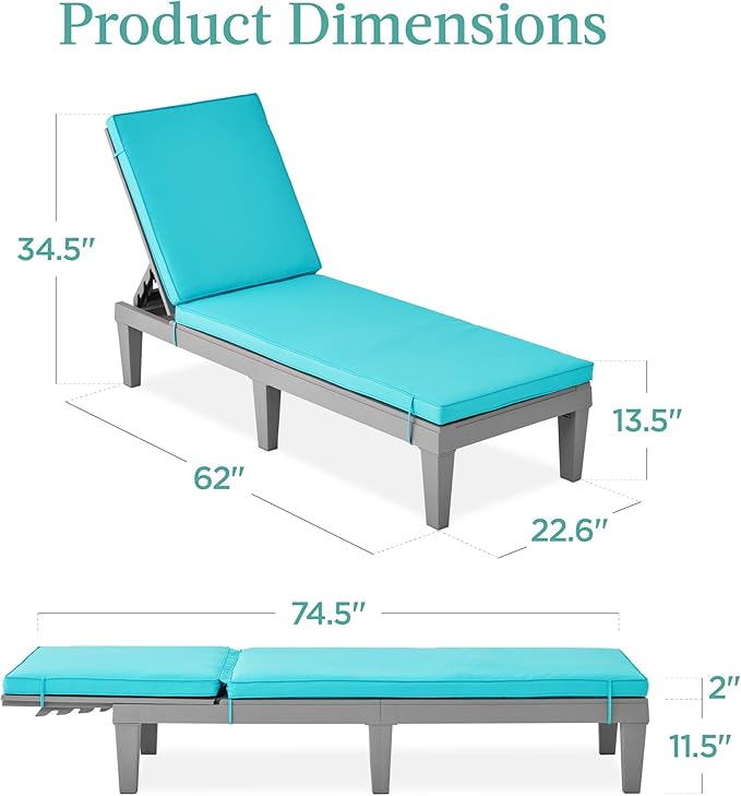 Best Choice Products Outdoor Lounge Chair, Resin Patio Chaise Lounger for Poolside, Backyard, Porch w/Seat Cushion, Adjustable Backrest, 5 Positions, 330lb Capacity - Gray/Teal