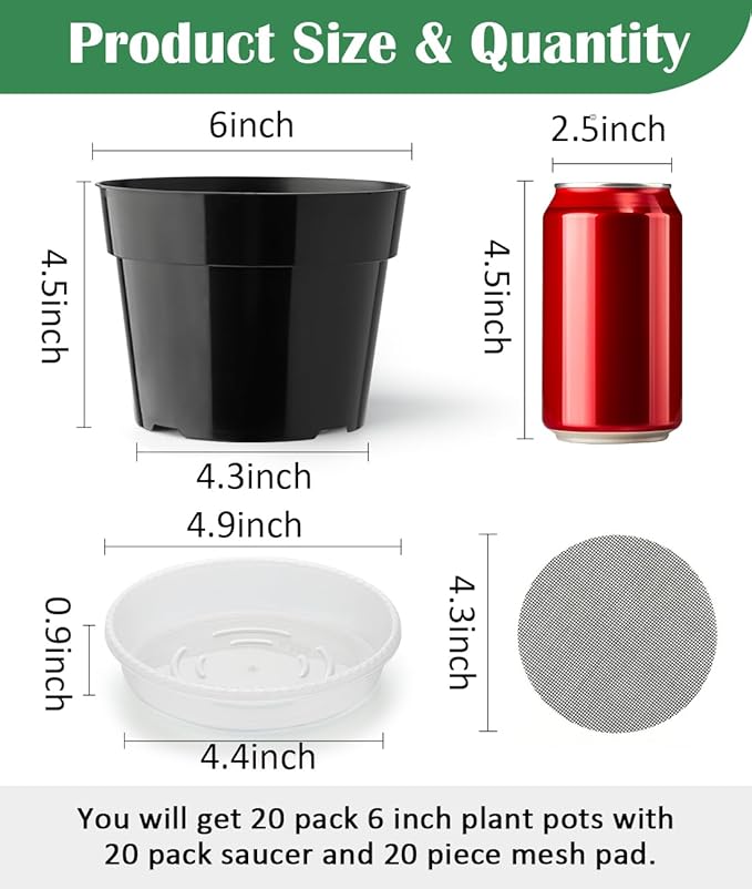20 Pack Plant Pots, 6 Inch Plastic Plant Planter with Saucers and Mesh Mats, Durable Flower Pots with Drainage Holes Perfect for Indoor Outdoor, Black