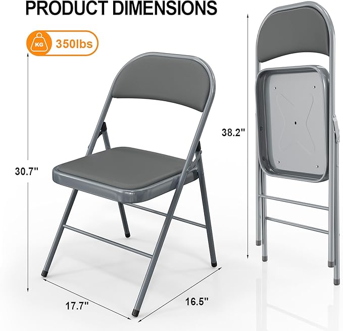 VINGLI 10 Pack Folding Chairs with Padded Seats, Metal Frame with Pu Leather Seat & Back, Capacity 350 lbs, Gray