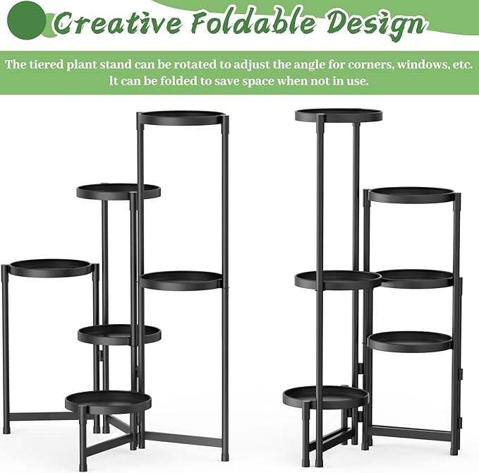 MOKANI Metal Plant Stand Indoor Outdoor for Multiple Plants, 6 Tiered Folding Corner Shelf Tall Flower Pot Holder Display Rack for Patio Living Room Balcony Garden, Black