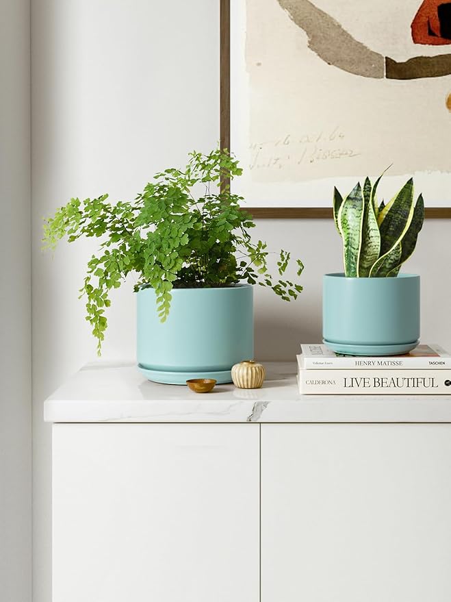 LE TAUCI Ceramic Plant Pots, 4.3+5.3+6.8 inch, Set of 3, Planters with Drainage Hole and Saucer, Indoor Flower Pot with Hole Mesh Pad, Gifts for Mom, Aqua